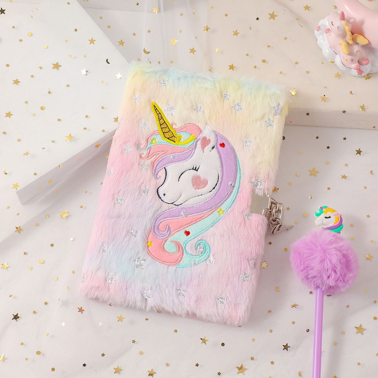 Wholesale Silver-stamped unicorn plush tie-dye notebook with lock